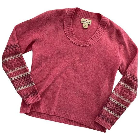 Woolrich Dahlia Fair Isle Sweater 100% Wool Knitted Crew Neck Pullover Pink L - Picture 1 of 7